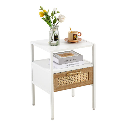15.75'' Rattan End Table with Drawer – Modern White Nightstand with Metal Legs, Side Table for Living Room or Bedroom