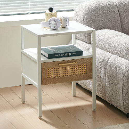 15.75'' Rattan End Table with Drawer – Modern White Nightstand with Metal Legs, Side Table for Living Room or Bedroom