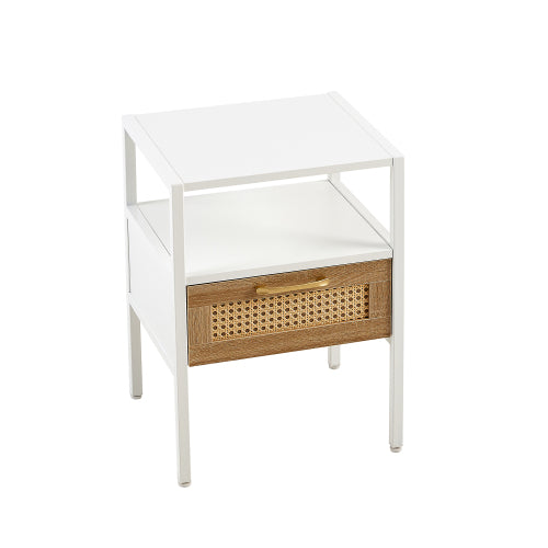 15.75'' Rattan End Table with Drawer – Modern White Nightstand with Metal Legs, Side Table for Living Room or Bedroom
