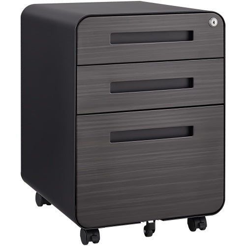 3 Drawer Black Wood Grain Metal Mobile File Cabinet – Under Desk Storage for Legal, Letter & A4 Files, 5 Wheel Anti-Tilt Design for Home Office