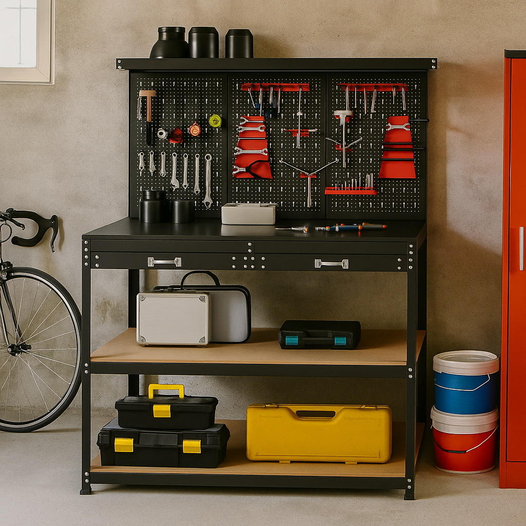 Steel Workbench Tool Storage – 63" Workshop Table with Drawer & Peg Board