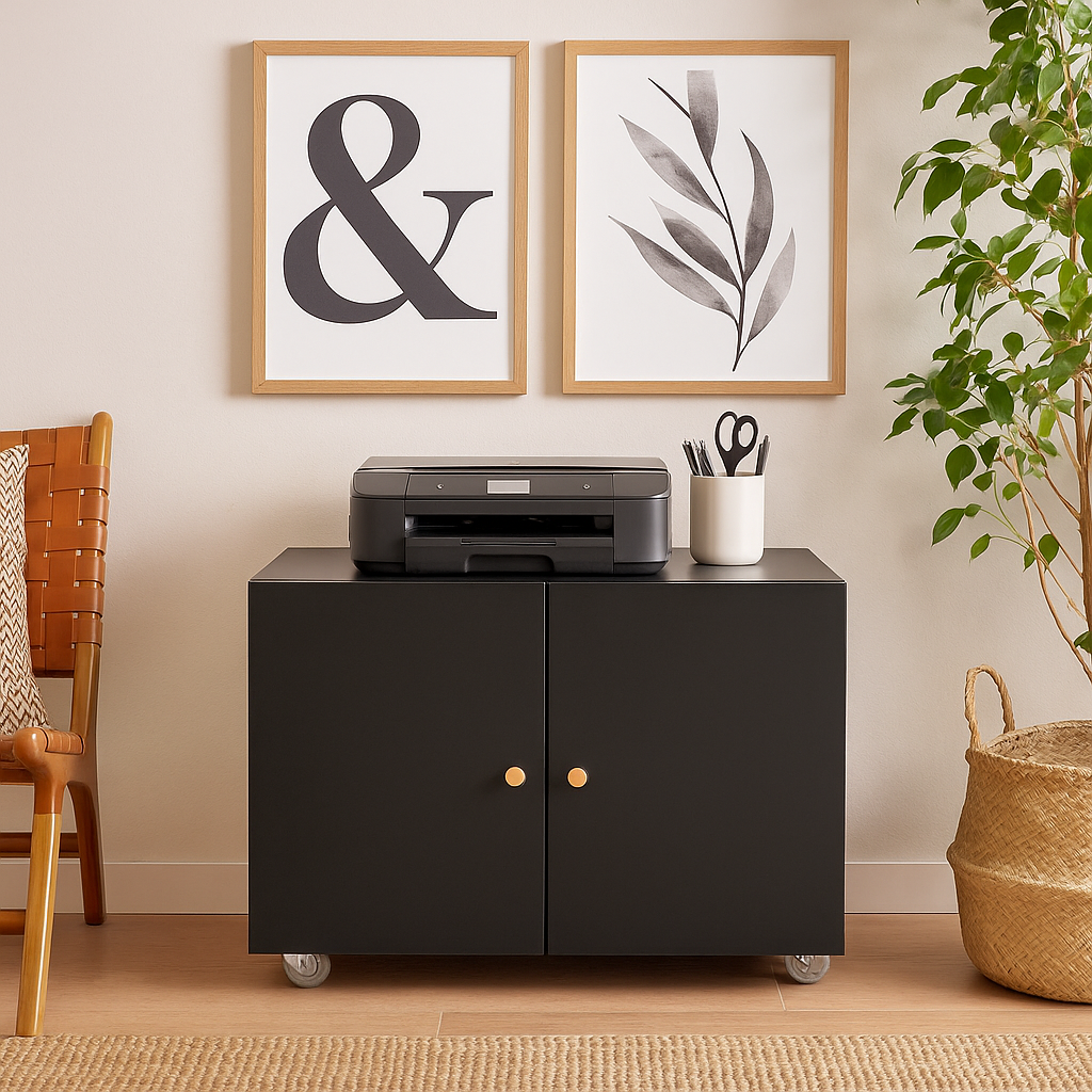 Black Rolling Printer Stand with Storage Cabinet, Adjustable Shelf & Door, Mobile File Cabinet on Wheels