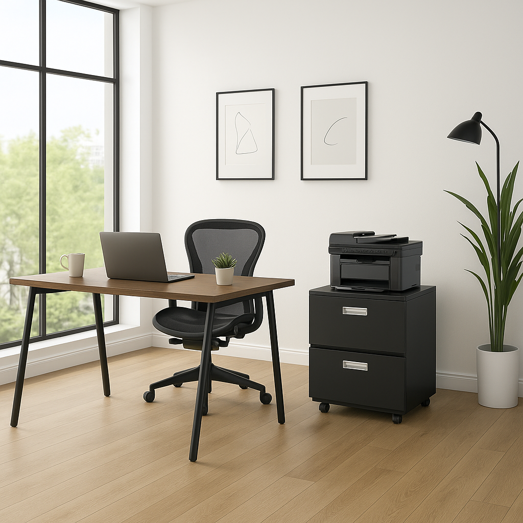 Black Steel Copier & Printer Cabinet with Wheels – 2-Door Mobile Filing Stand for Office
