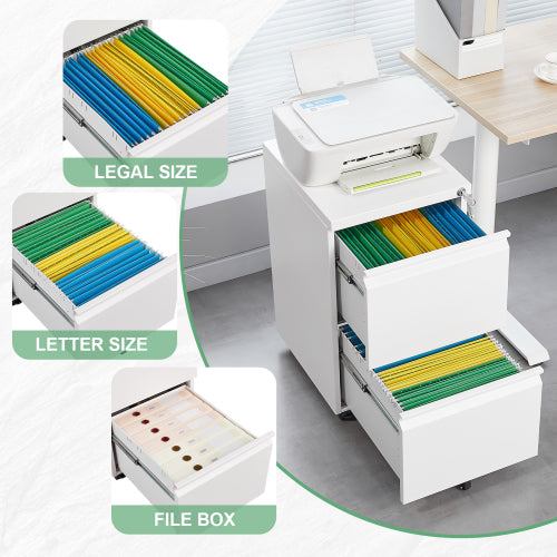 2 Drawer White Metal File Cabinet with Lock – Under Desk Rolling Filing Cabinet for Letter, Legal & A4 Files, Mobile Storage for Home Office
