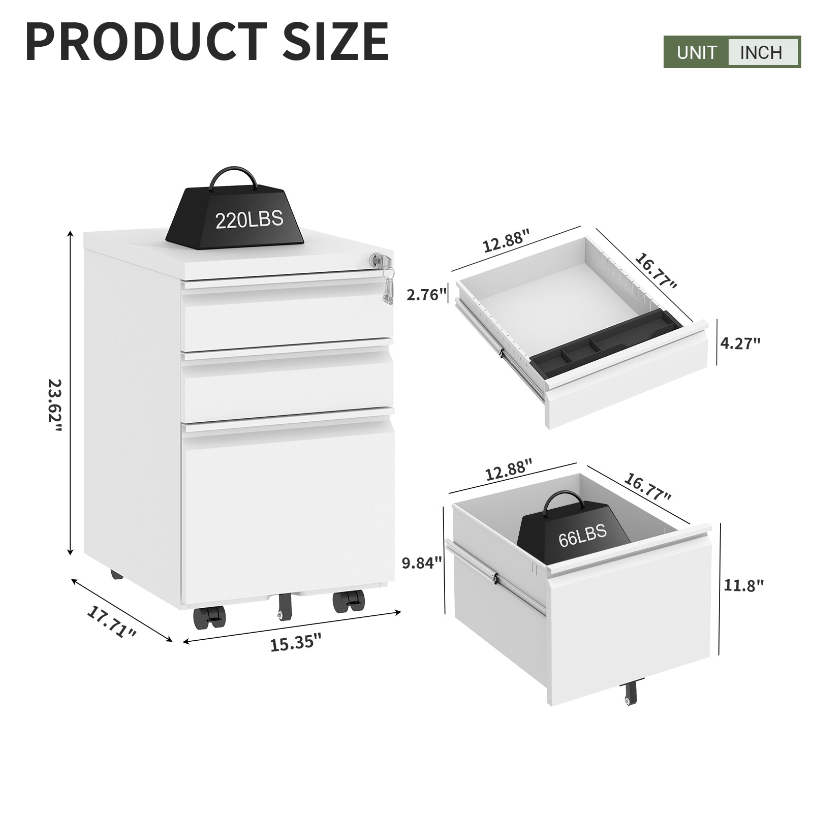 3-Drawer Mobile Metal File Cabinet with Lock
