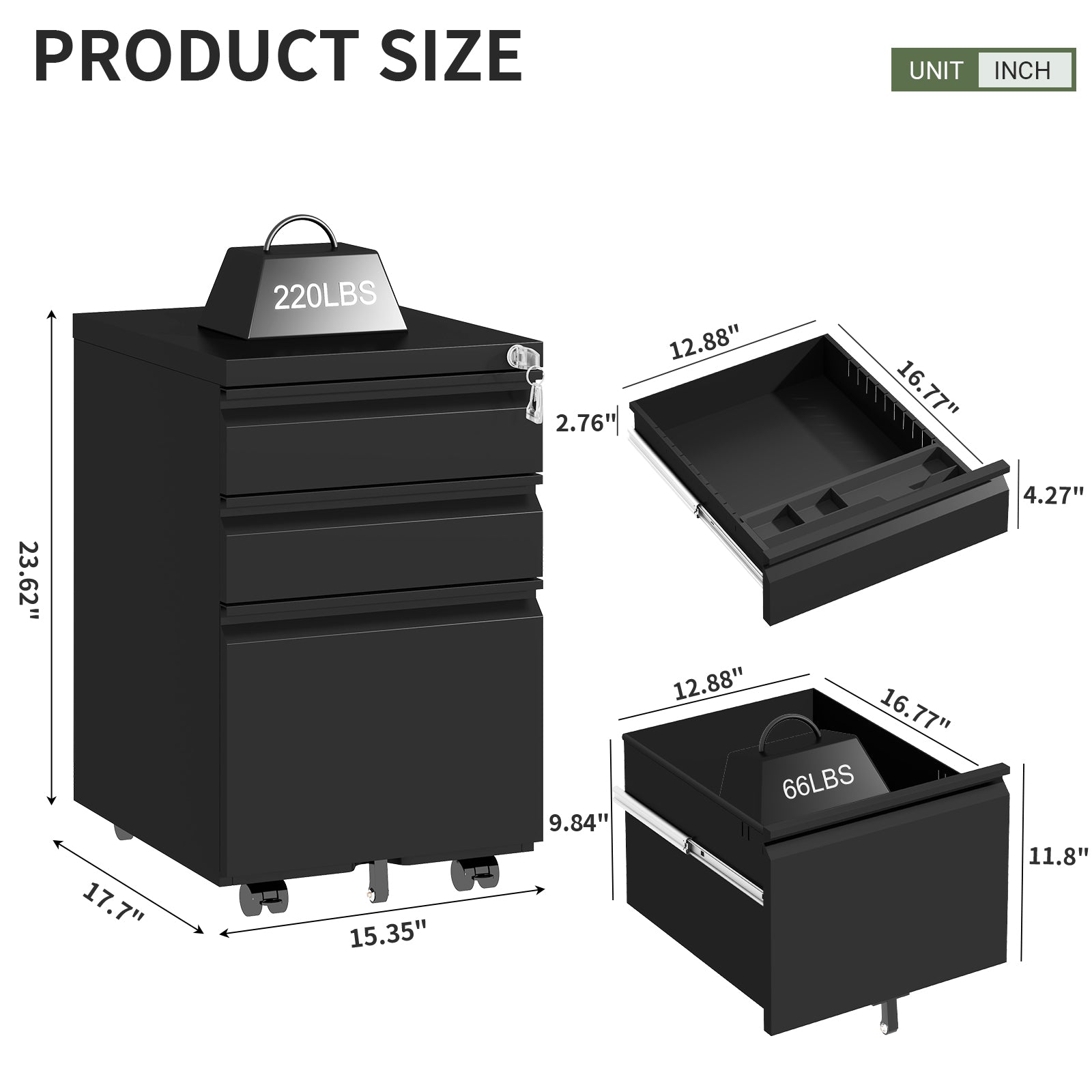3-Drawer Mobile Metal File Cabinet with Lock