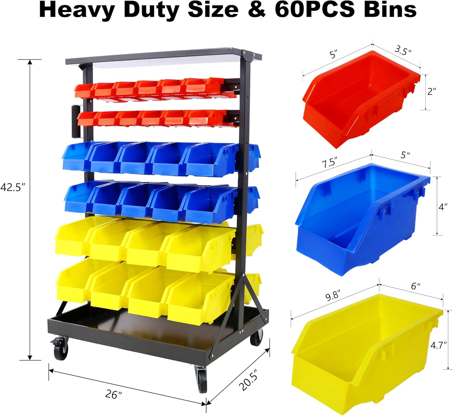 60 Parts Bin Rack – 6-Tier Dual-Sided Rolling Steel Shelf with Mobile Bins