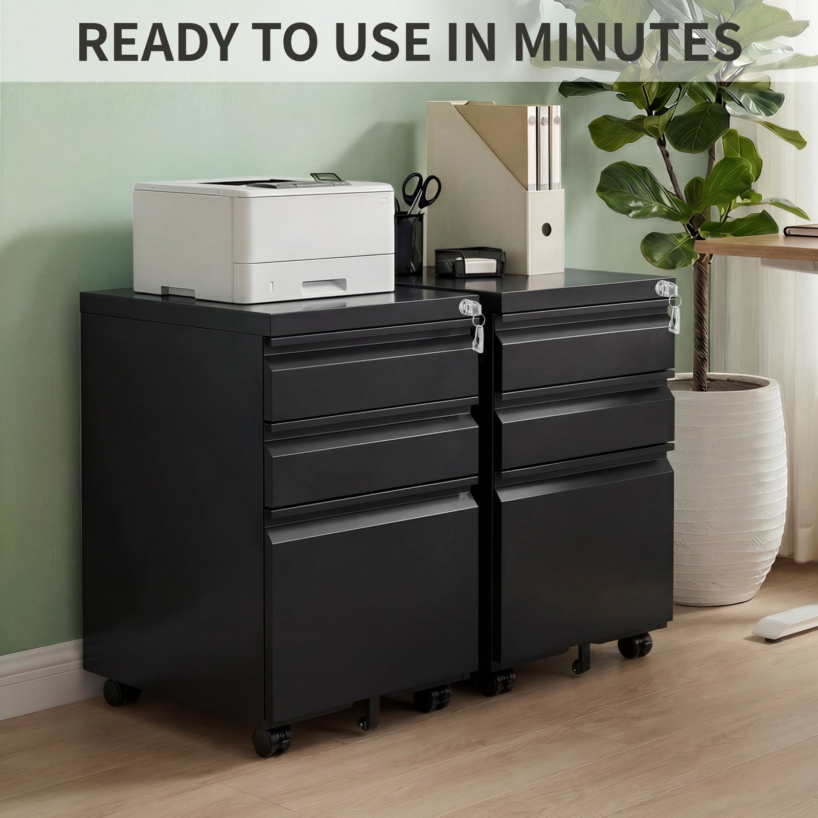 3-Drawer Mobile Metal File Cabinet with Lock