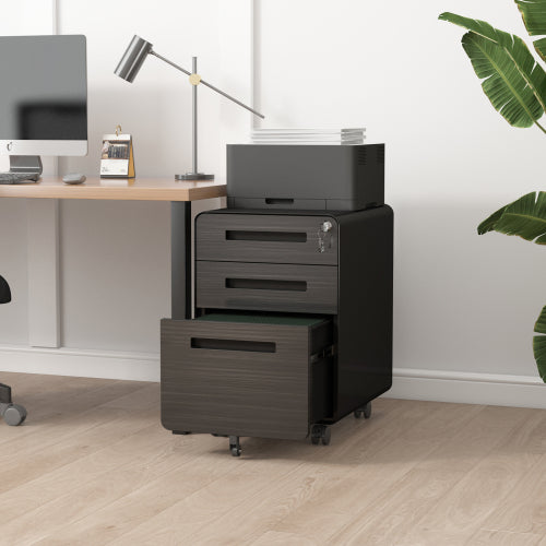 3 Drawer Black Wood Grain Metal Mobile File Cabinet – Under Desk Storage for Legal, Letter & A4 Files, 5 Wheel Anti-Tilt Design for Home Office