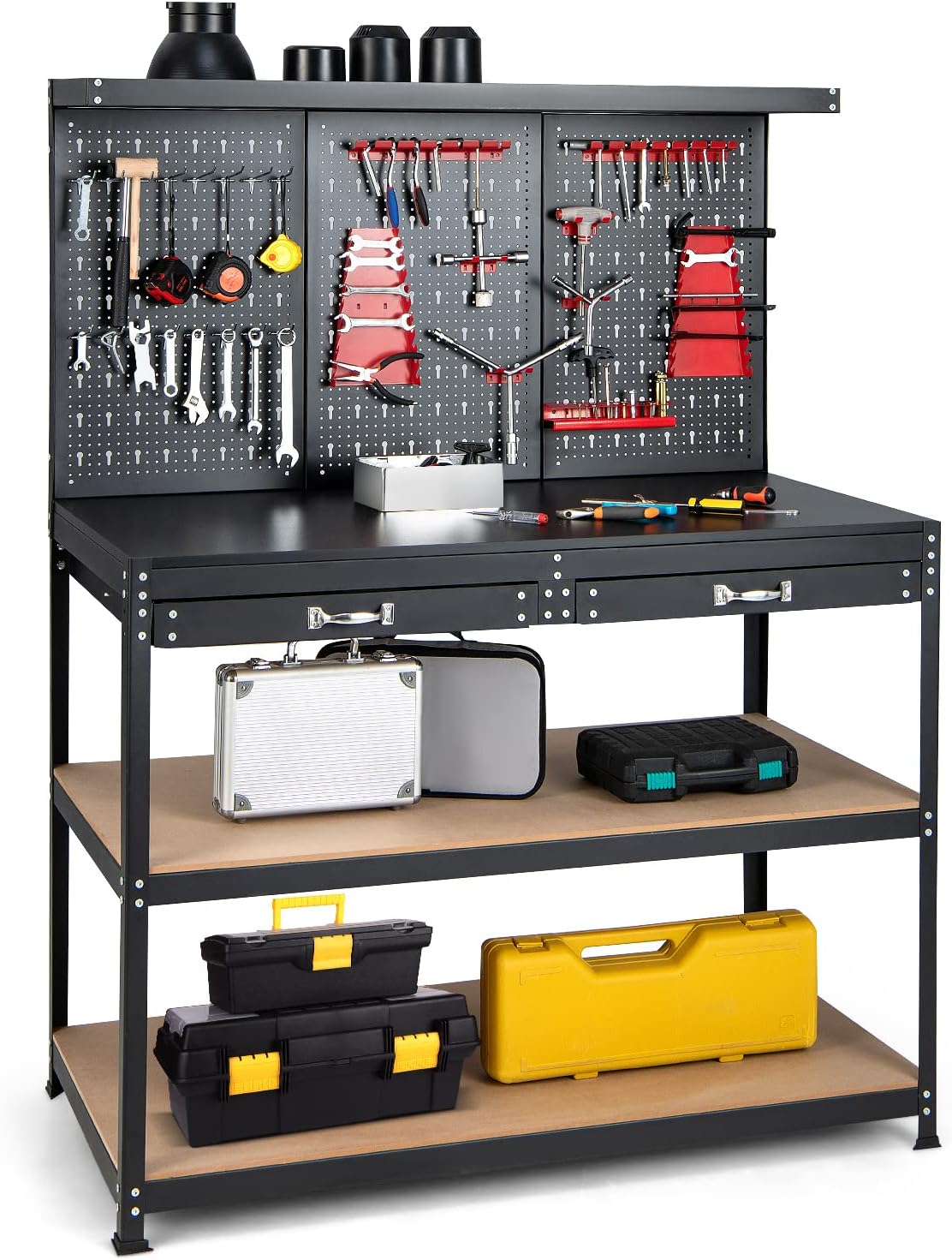 Steel Workbench Tool Storage – 63" Workshop Table with Drawer & Peg Board