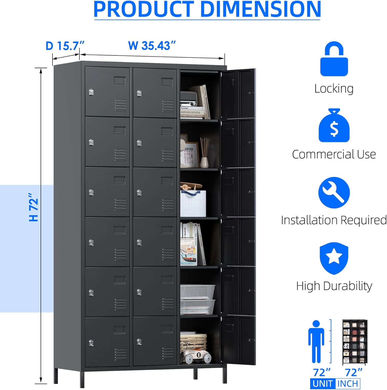 Steel Storage Locker Cabinet – 18-Door Black Metal Locker
