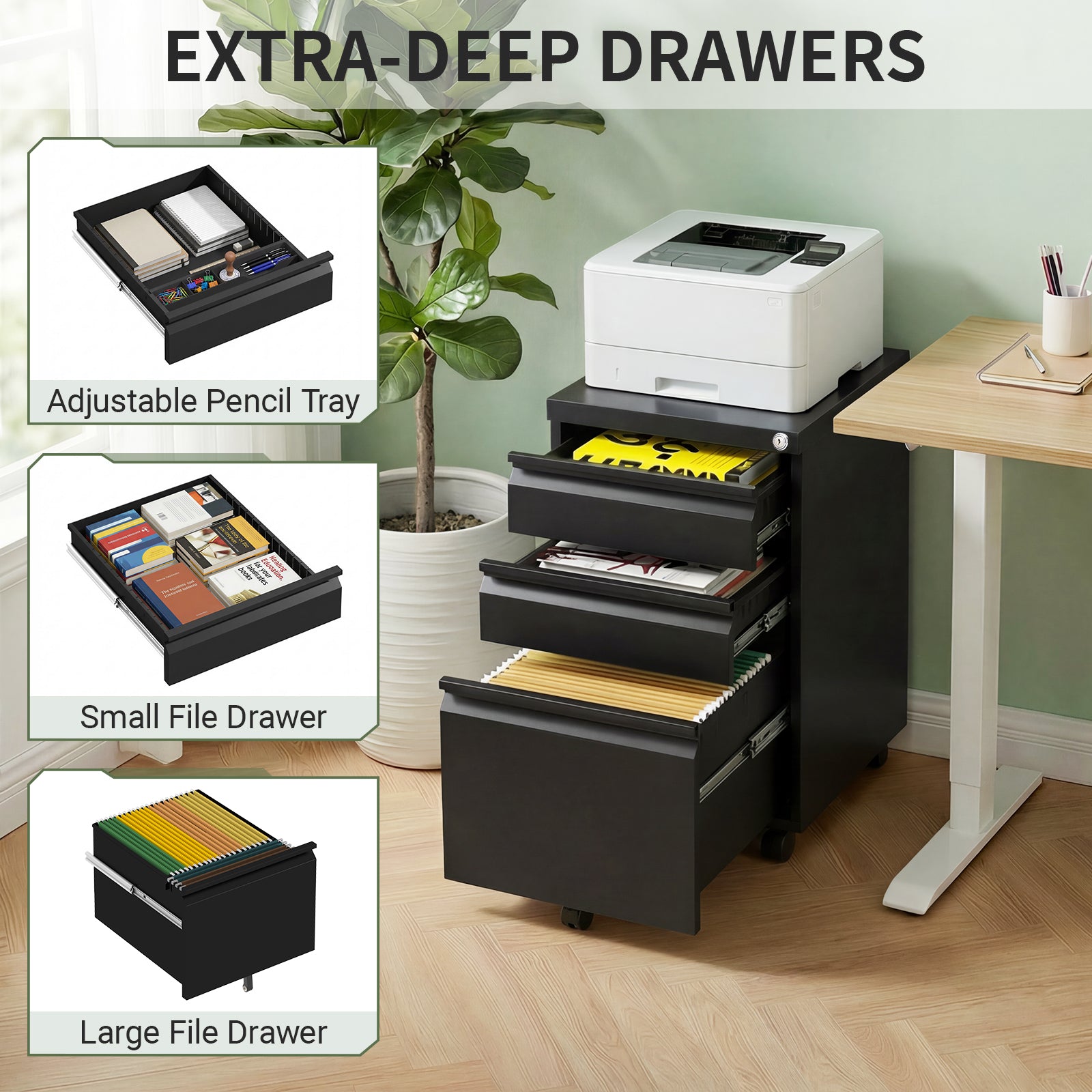 3-Drawer Mobile Metal File Cabinet with Lock