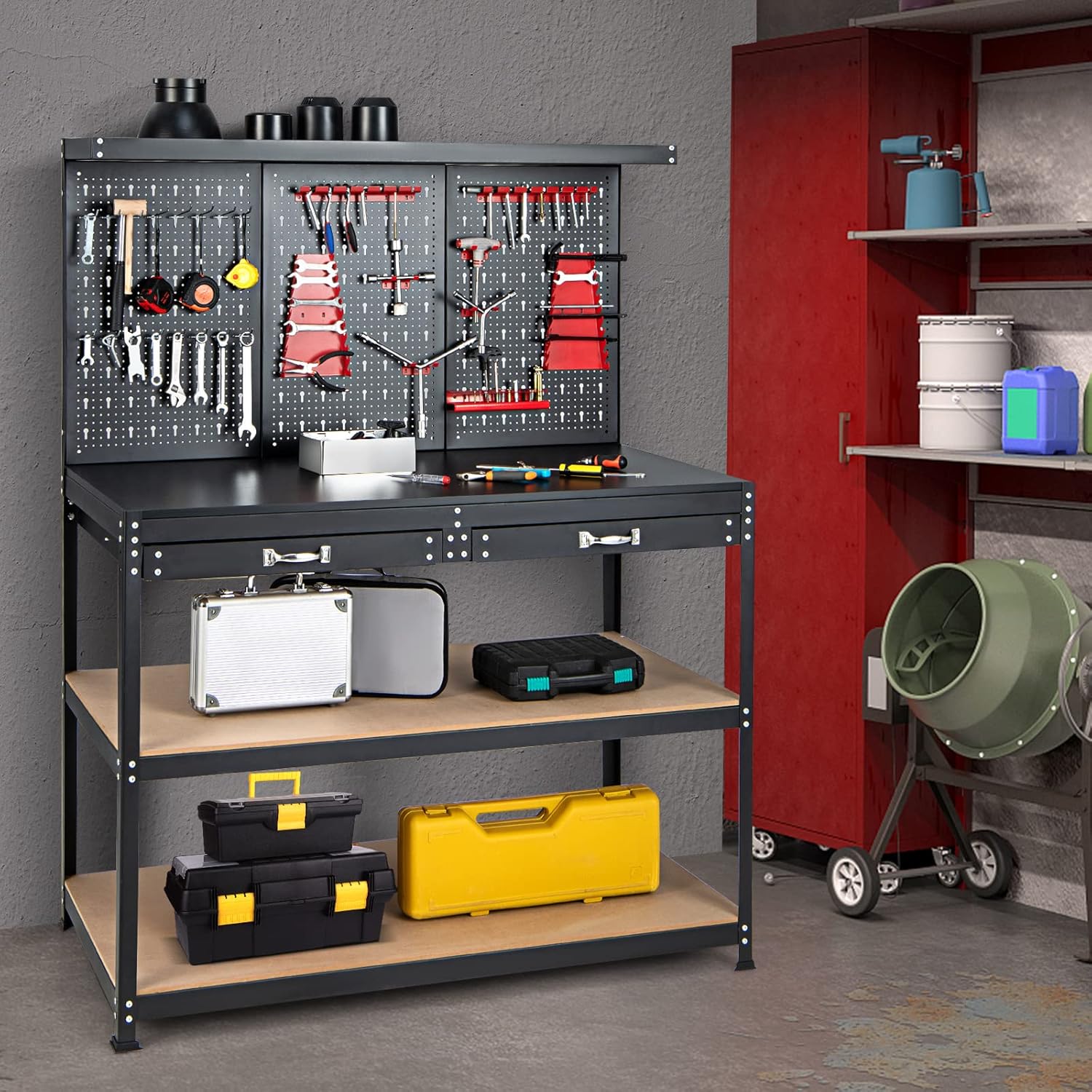 Steel Workbench Tool Storage – 63" Workshop Table with Drawer & Peg Board