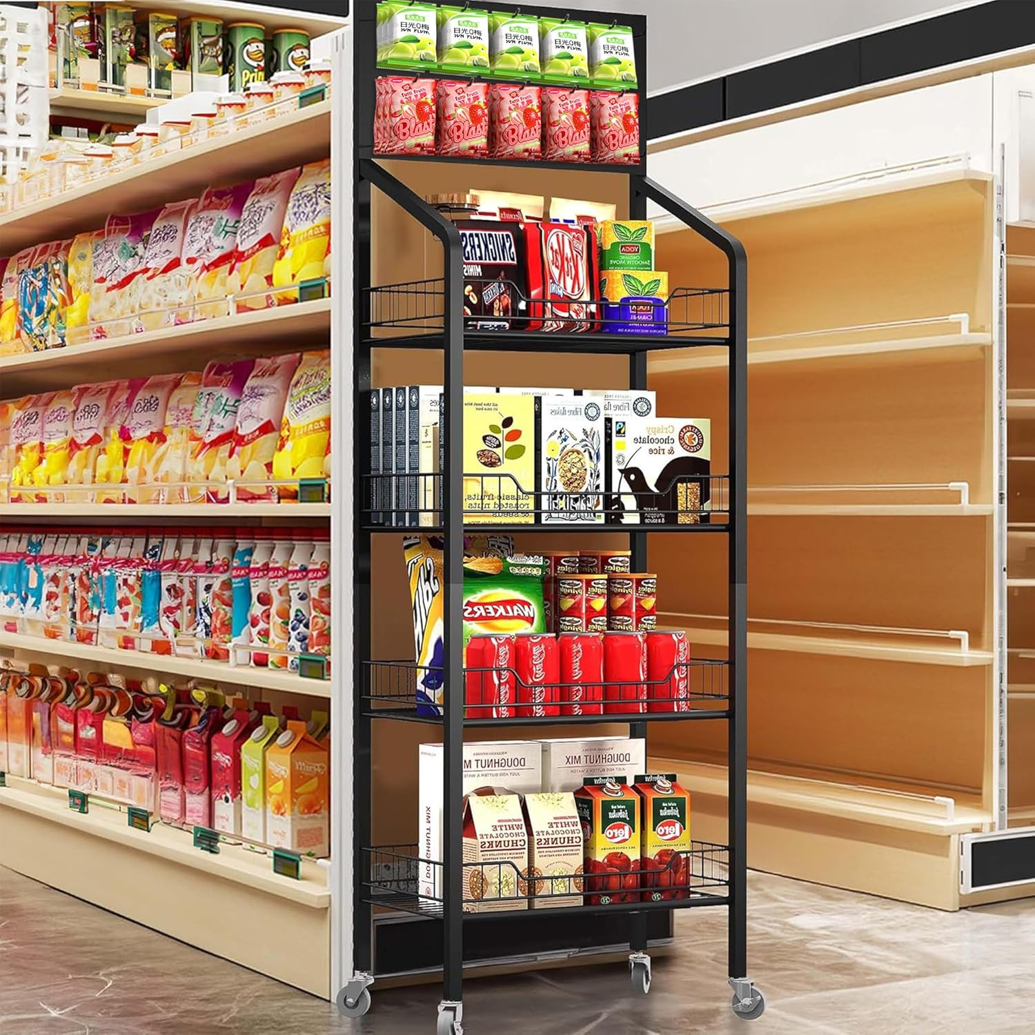 4-Tier Metal Snack Display Rack – Rolling Candy & Chip Storage Shelf