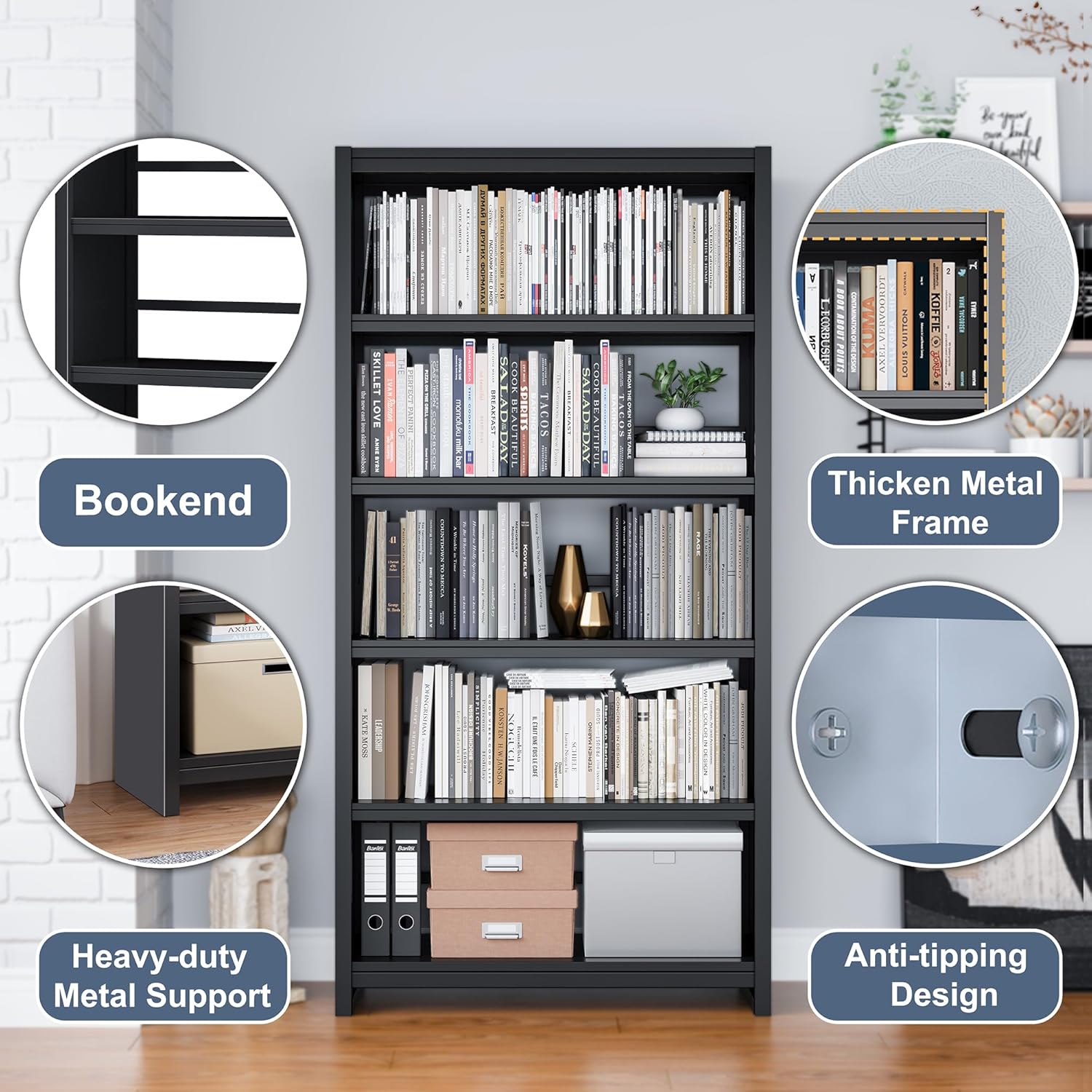 Metal 5-Shelf Bookcase – Heavy Duty Storage for Home, Office & Library