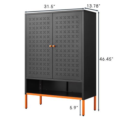 Modern Steel Shoe Cabinet with Double Doors – Black Storage Organizer with Adjustable Shelves & Open Bottom Rack for Entryway or Living Room