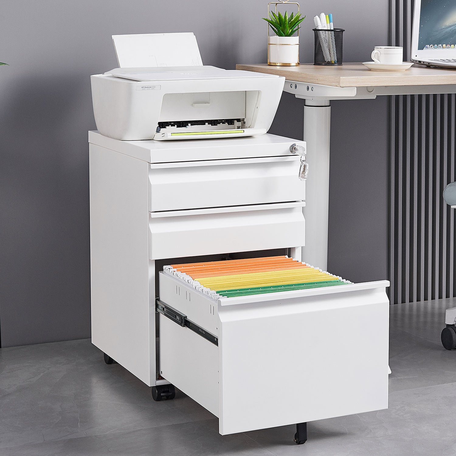 White 3-Drawer Mobile Filing Cabinet with Lock – Office Storage