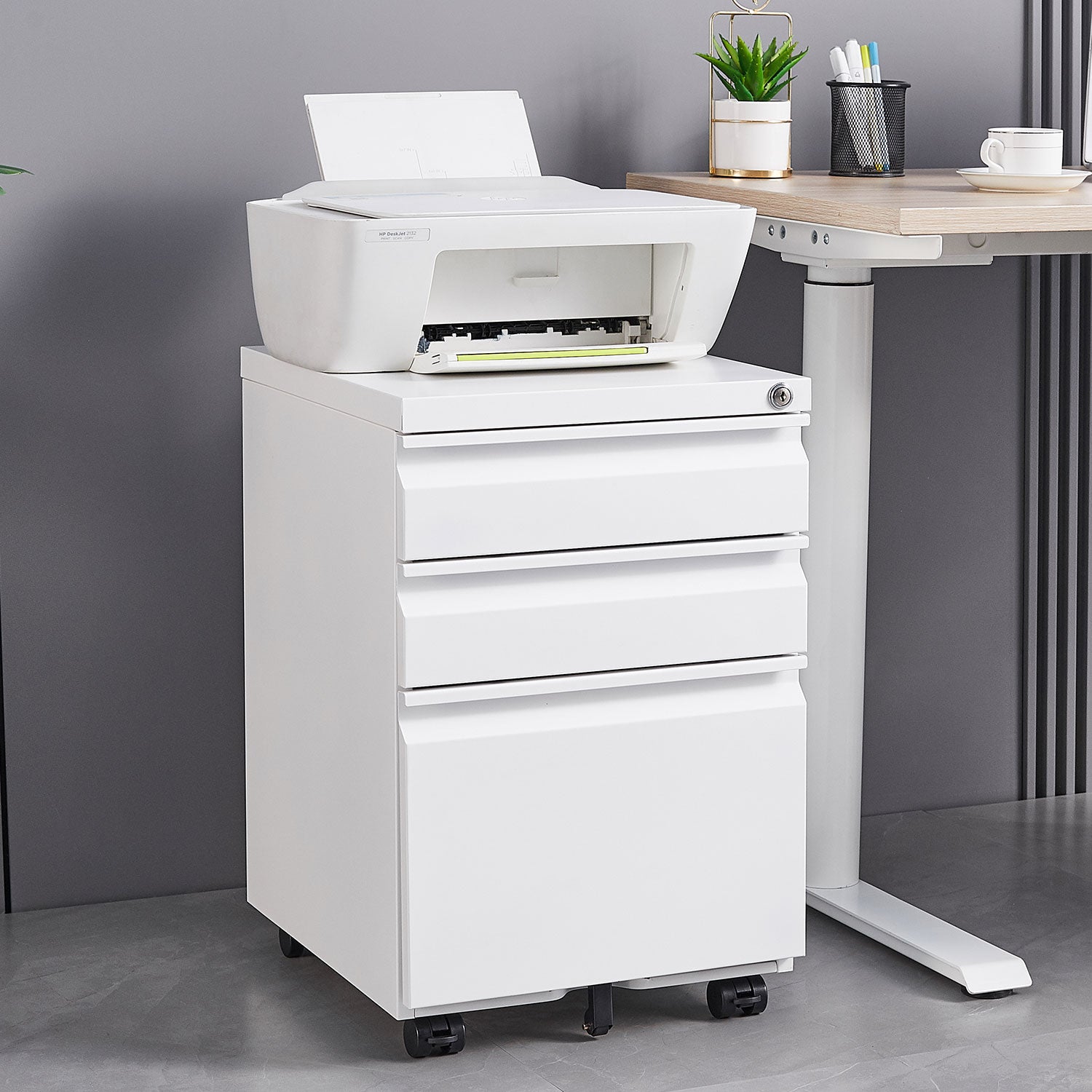 White 3-Drawer Mobile Filing Cabinet with Lock – Office Storage