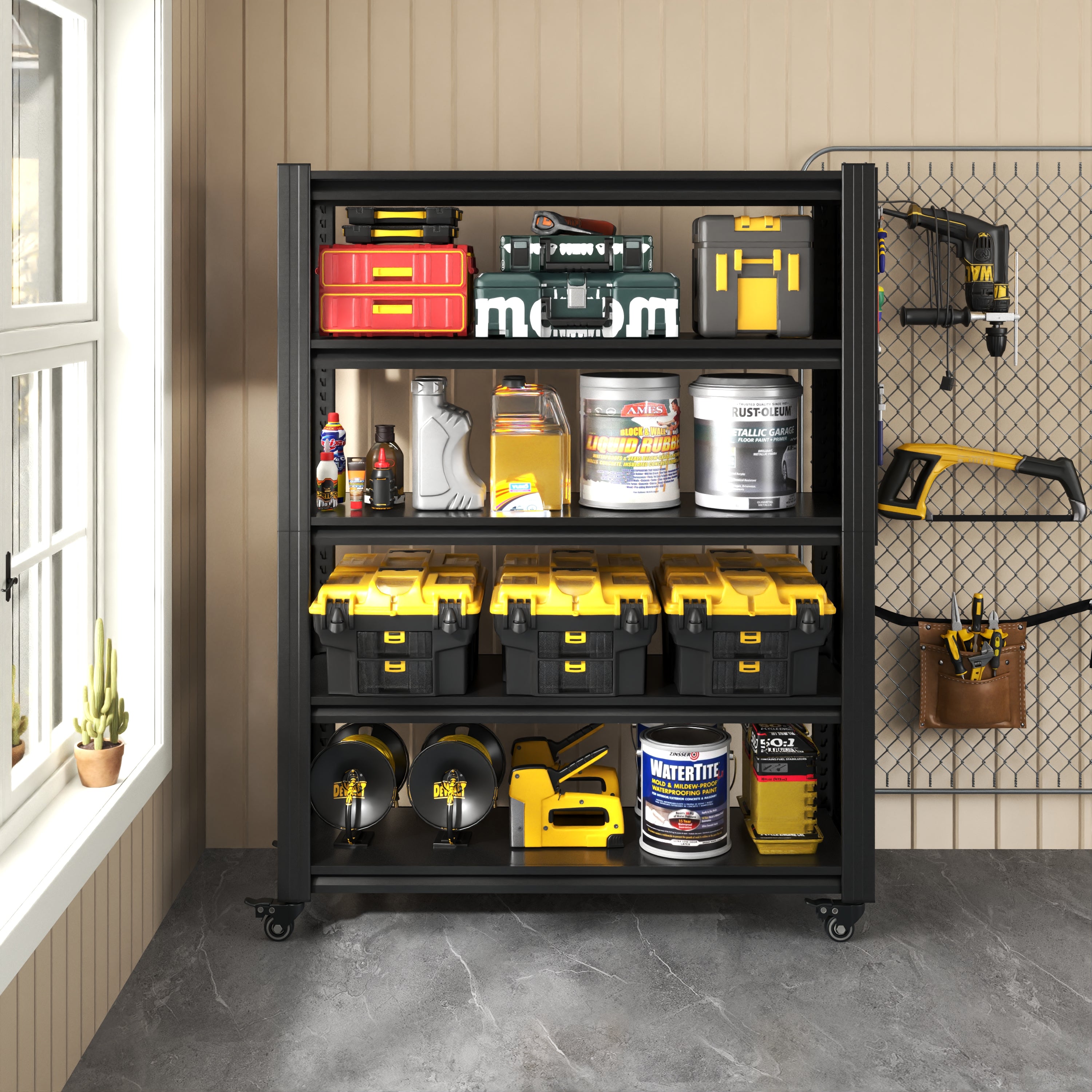 5-Tier Adjustable Heavy-Duty Metal Shelving with Pegboard & Wheels