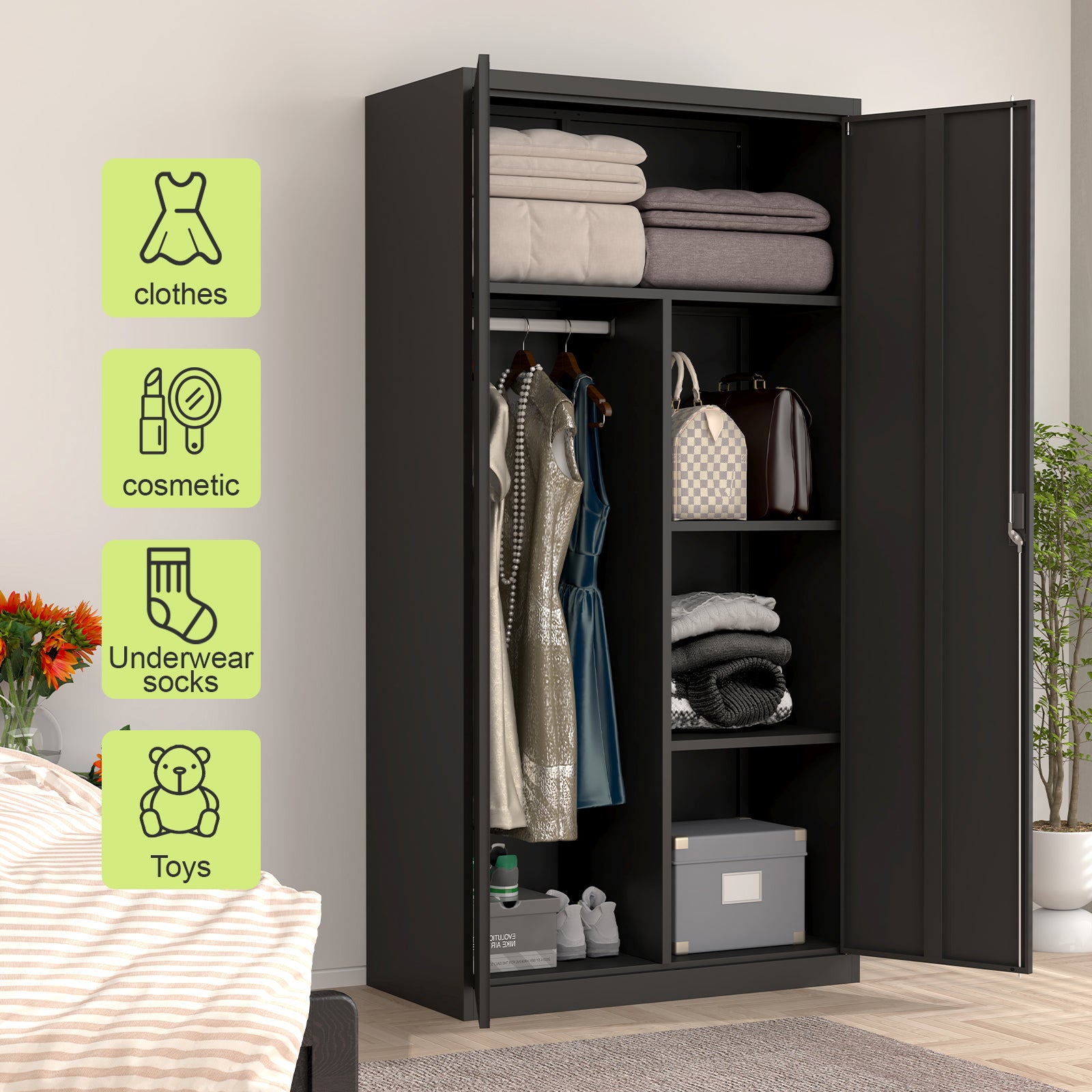 Black Metal Wardrobe with Compartments – Lockable Steel Storage Closet