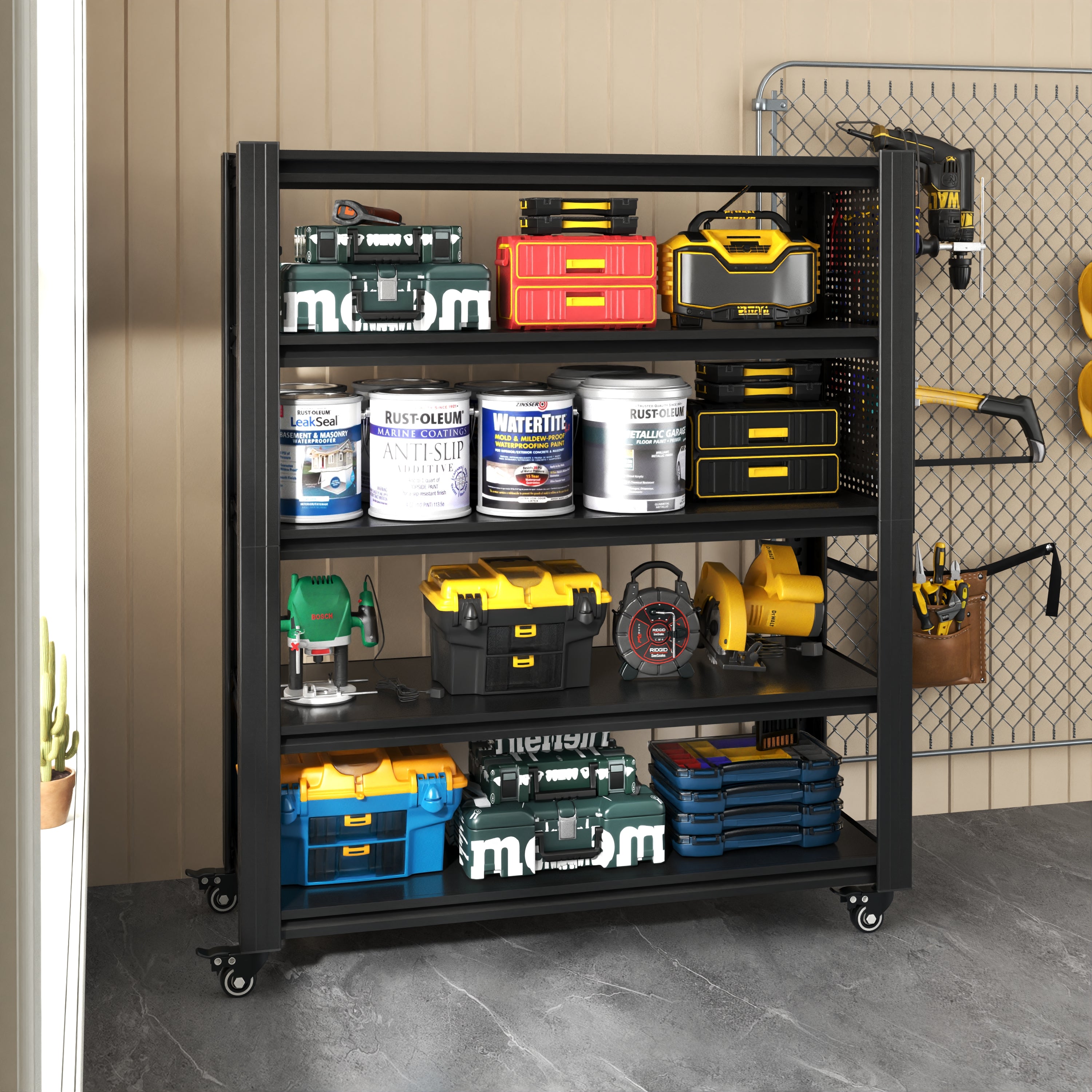5-Tier Adjustable Heavy-Duty Metal Shelving with Pegboard & Wheels