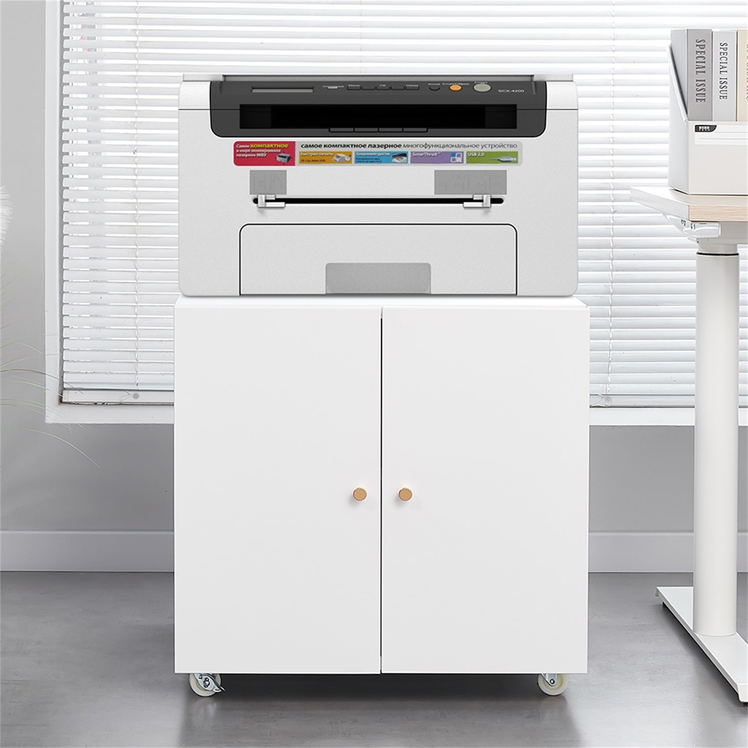 White Metal Mobile Printer Stand with Storage – Adjustable Shelf & Door, File Cabinet on Wheels