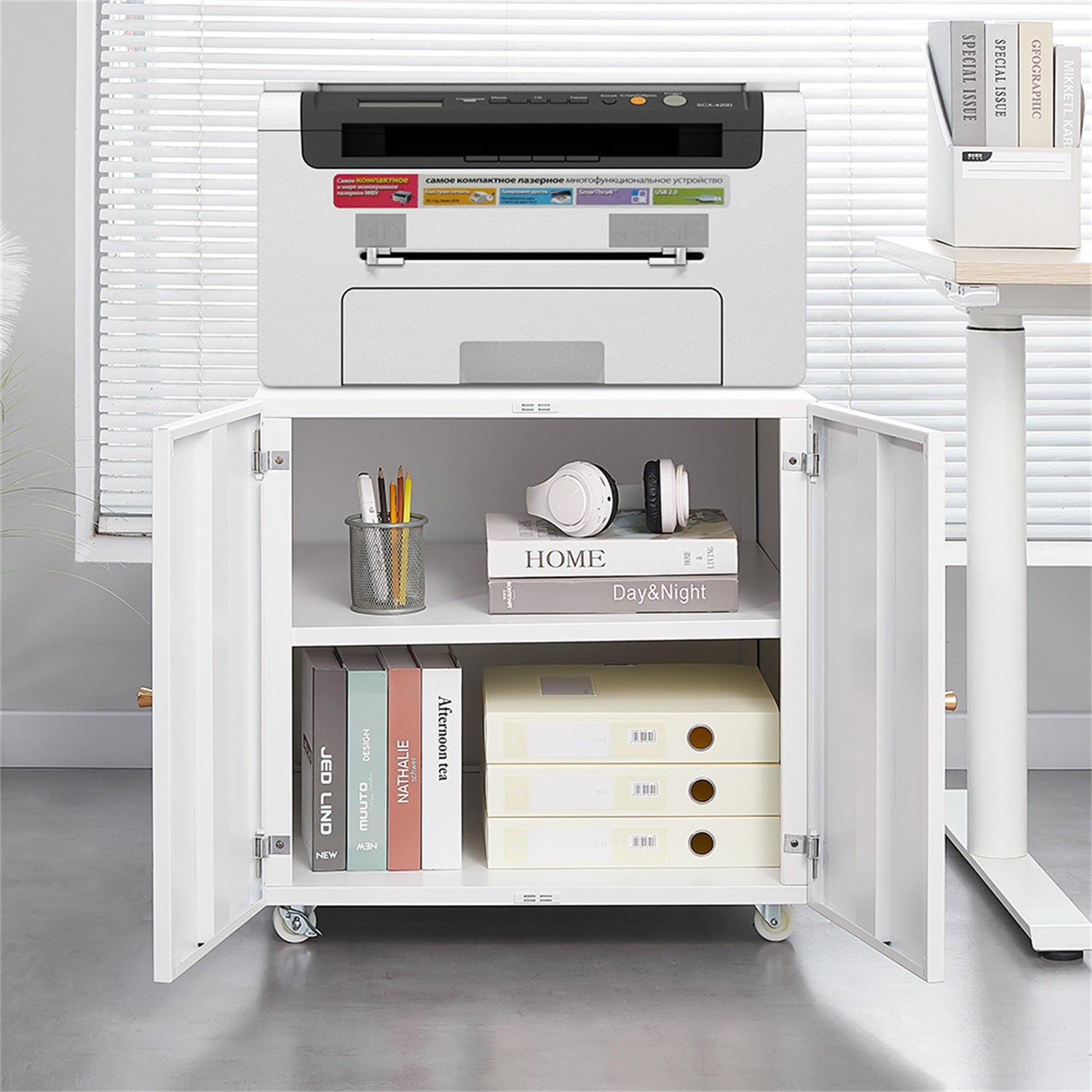 White Metal Mobile Printer Stand with Storage – Adjustable Shelf & Door, File Cabinet on Wheels