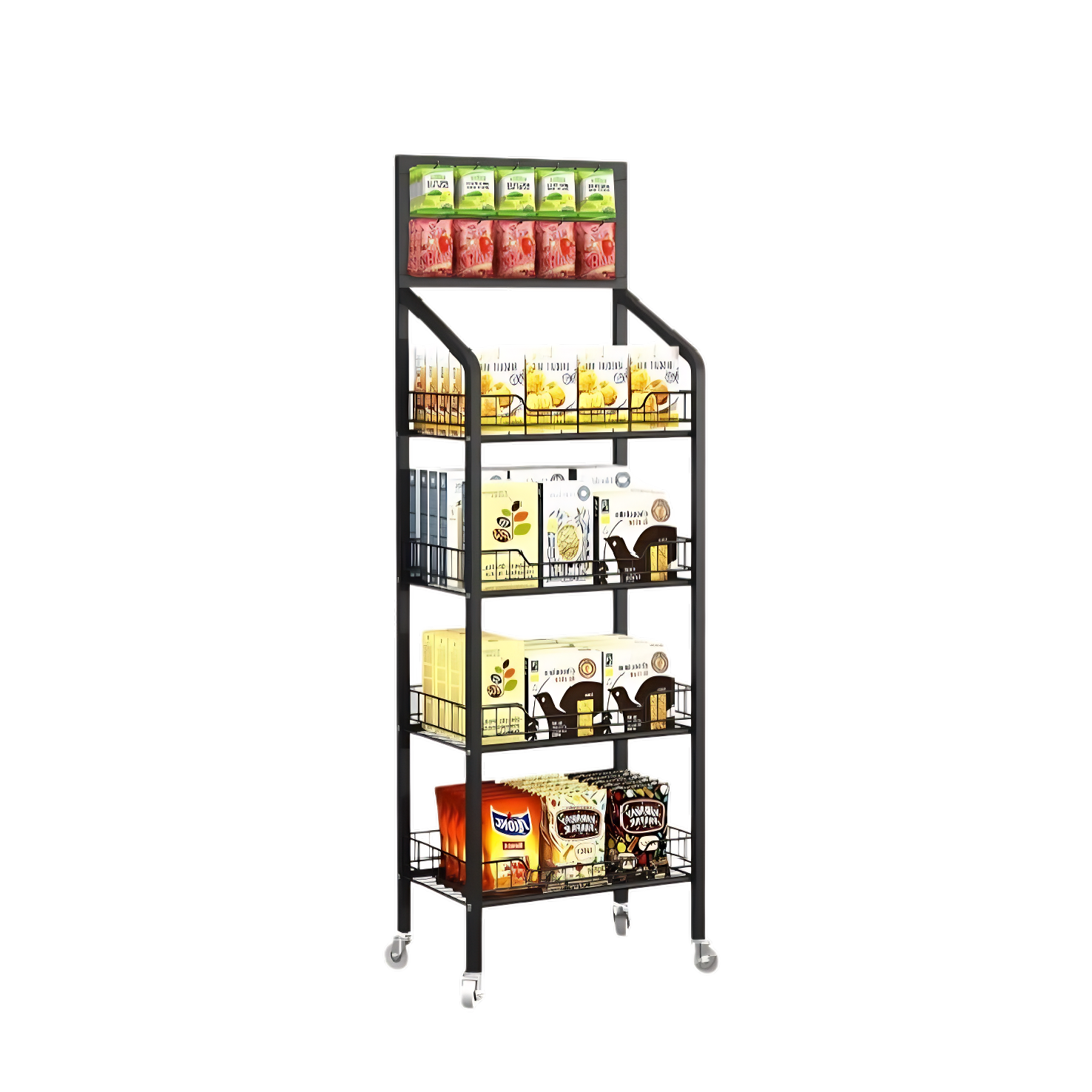 4-Tier Metal Snack Display Rack – Rolling Candy & Chip Storage Shelf